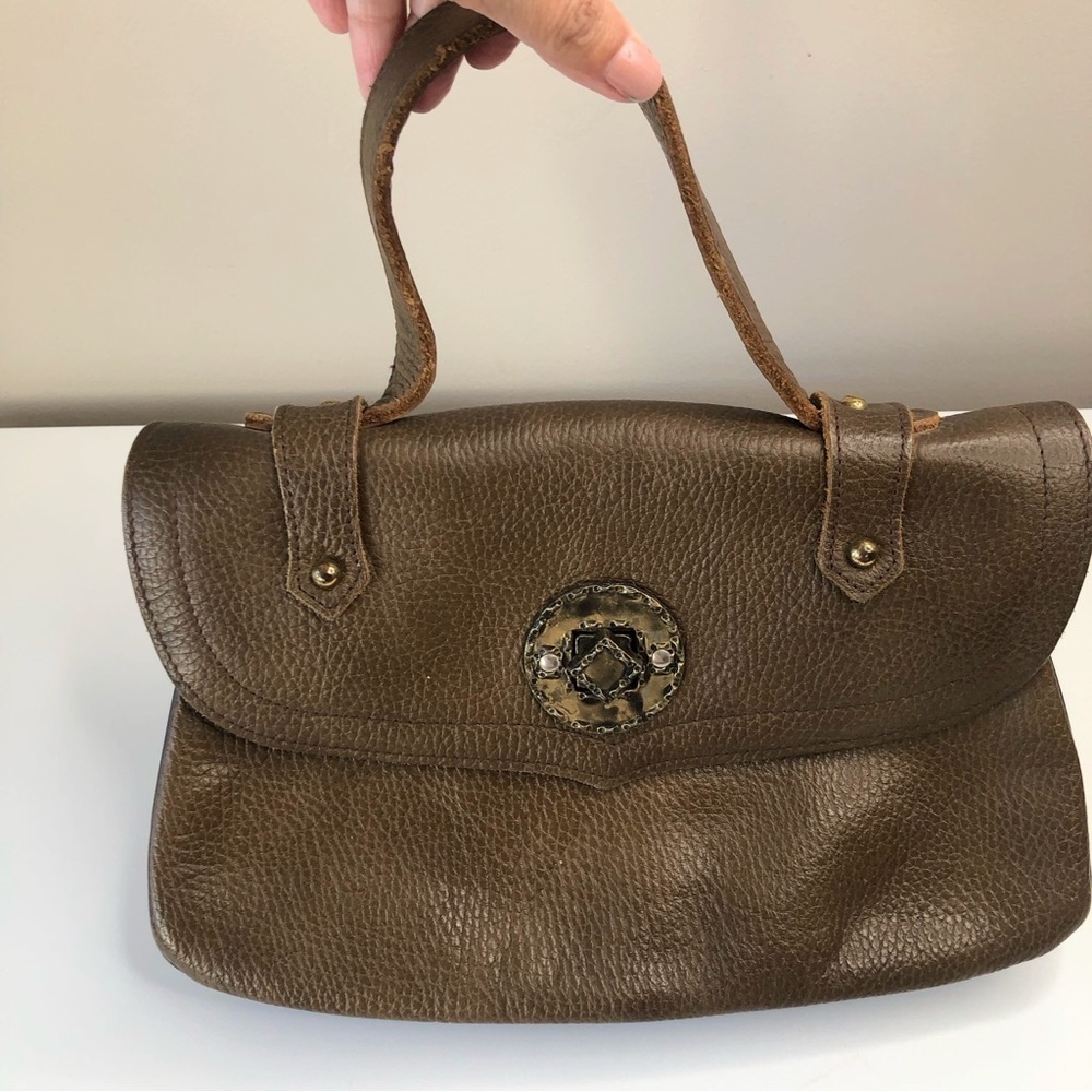 Vintage 70s Brown Pebble Leather Burnished Hardware Buckle Handbag